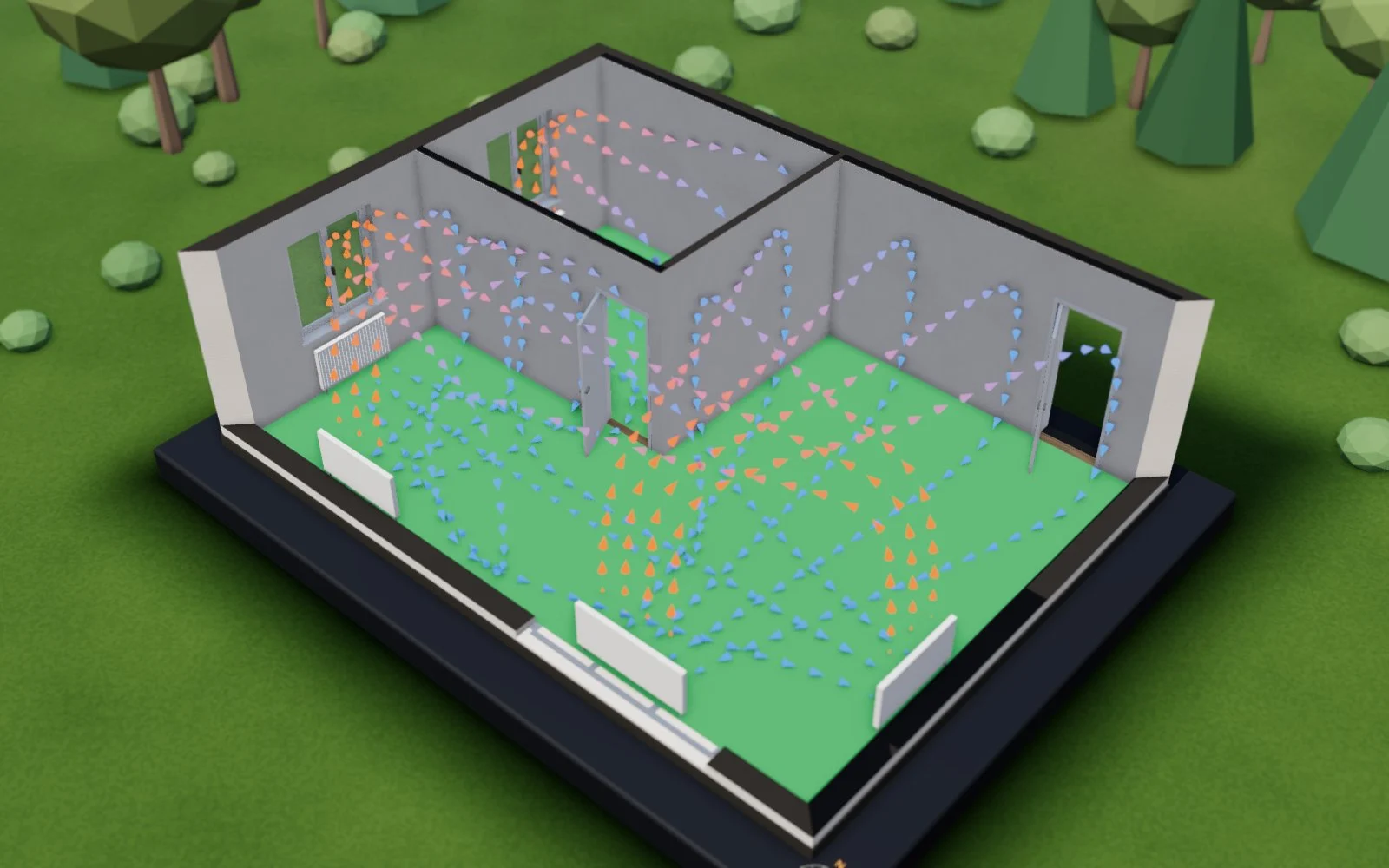 Chauffage en 3D : radiateurs sous les fenêtres, flèches du flux d’air chaud et sol vert là où le chauffage couvre les déperditions