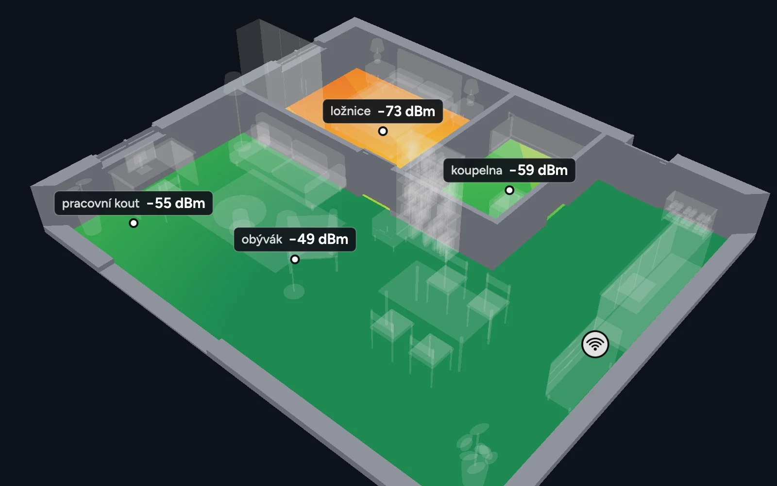 Wi-Fi coverage map on the floor of the flat: living room and bathroom in green, the bedroom behind the partition in orange