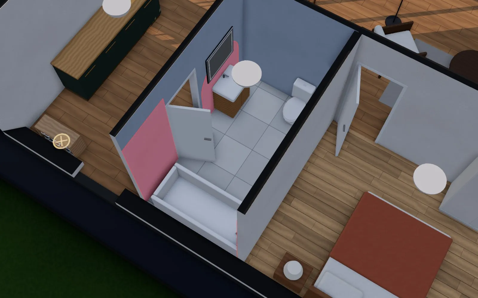 Bathroom in 3D with red safety zones on the wall by the bath and around the washbasin tap